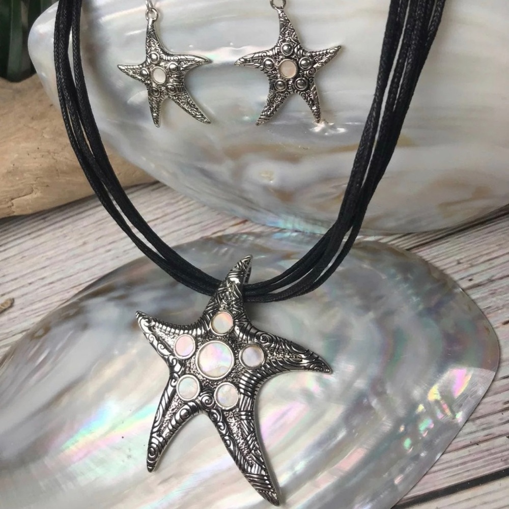 NEW Starfish w Mother of Pearl Inlays Statement Necklace & Earrings Set Lot